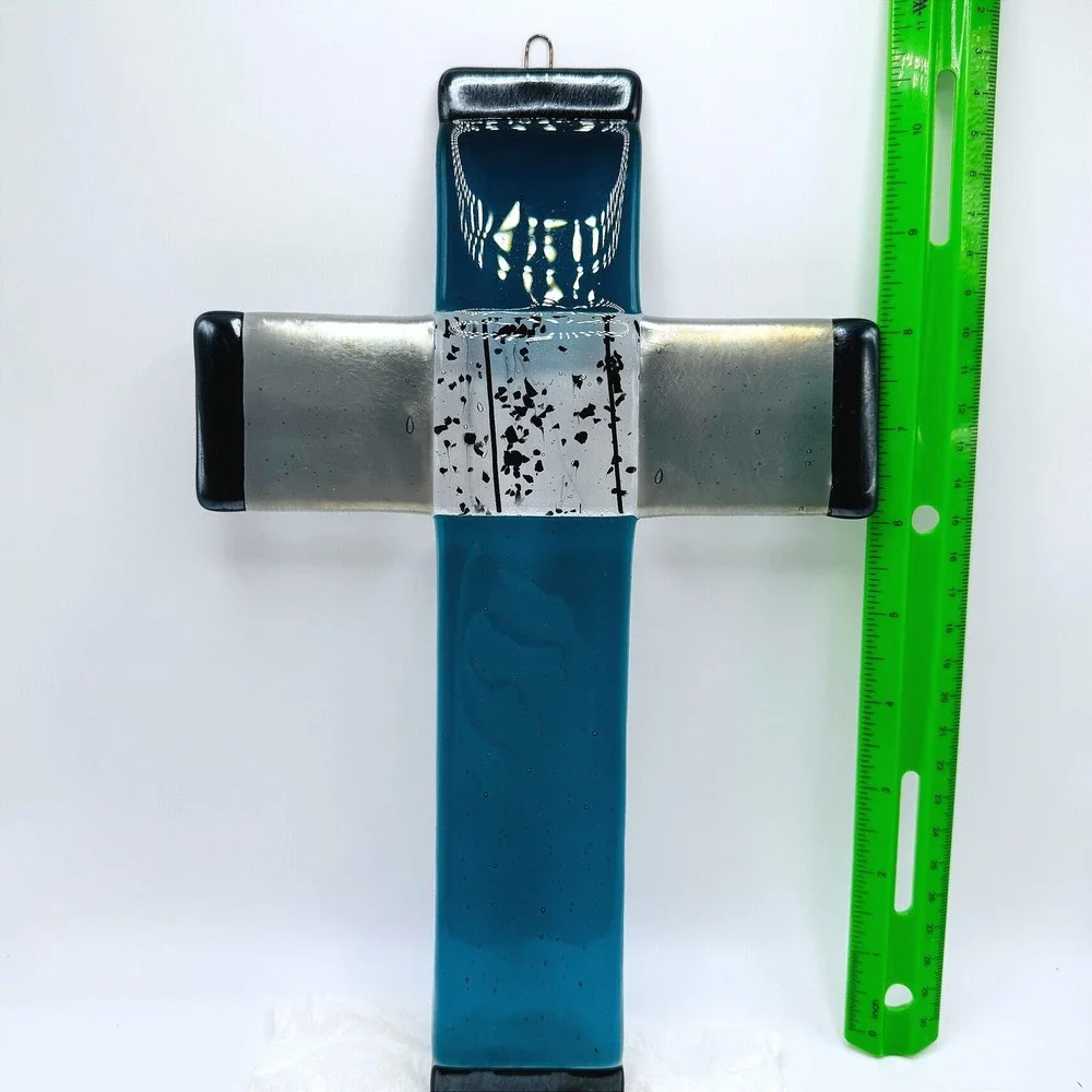 Handmade Fused Glass Wall Cross Faith Blue Art Glass Religious Decor